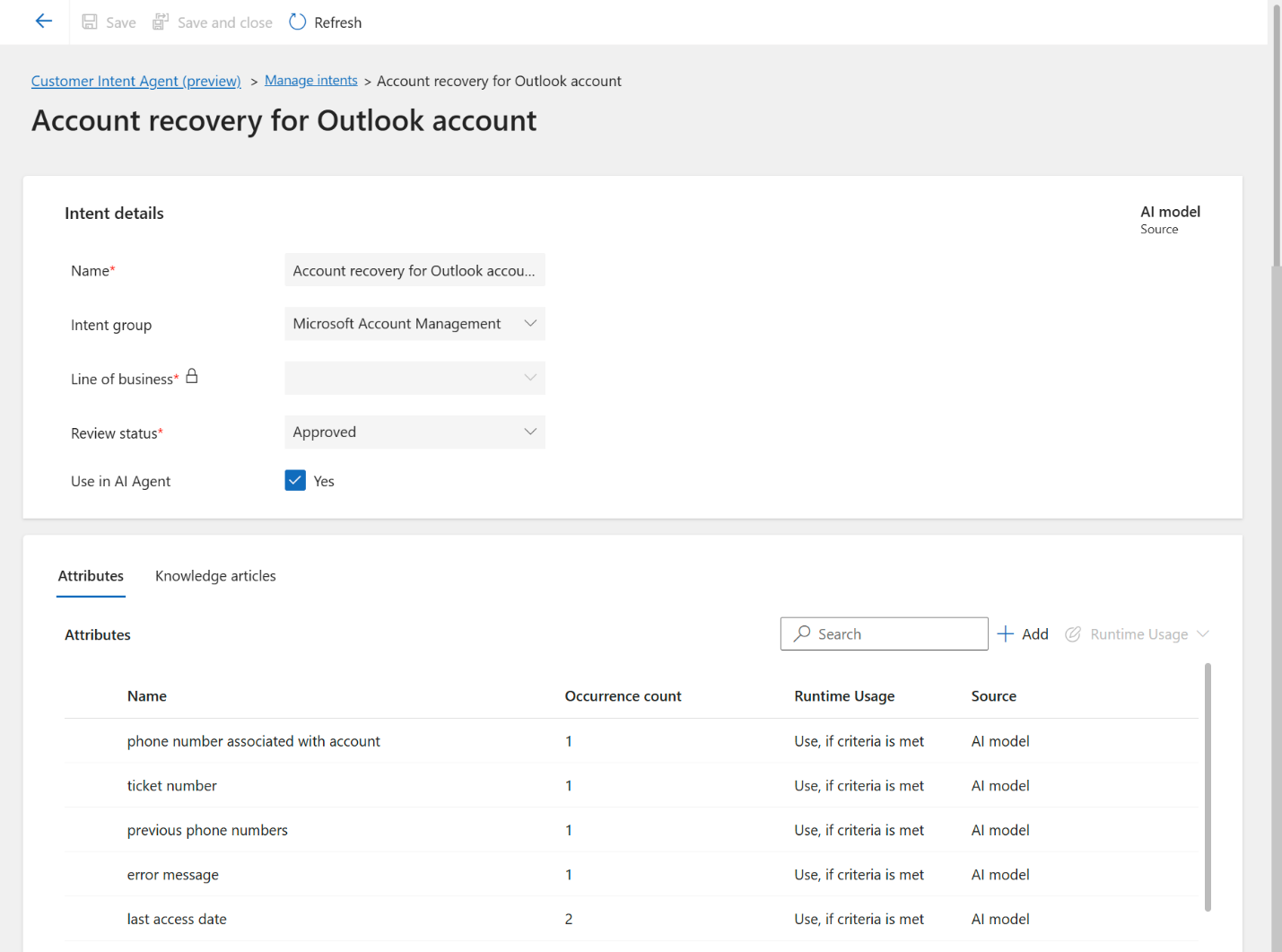 Intent details for Account recovery for Outlook account, including attributes such as phone number, ticket number, and last access date